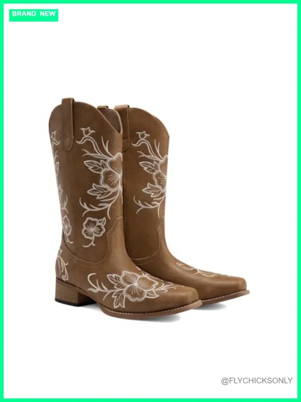 Mid-Calf Cowboy Boots Square Toe Chunky Heel Embroidered Floral Faux Leather